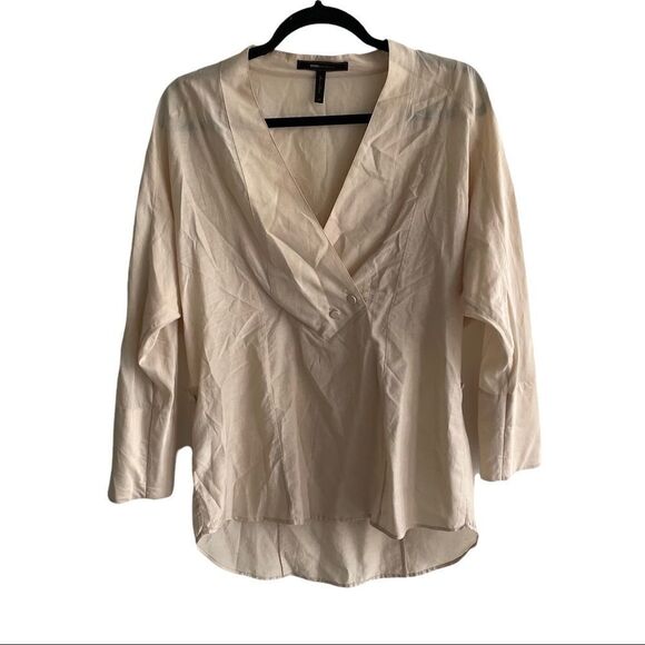 BCBGMAXAZRIA Tori Cotton Silk V-Neck Long Sleeve Popover Shirt Blouse Tan XS - Picture 2 of 7